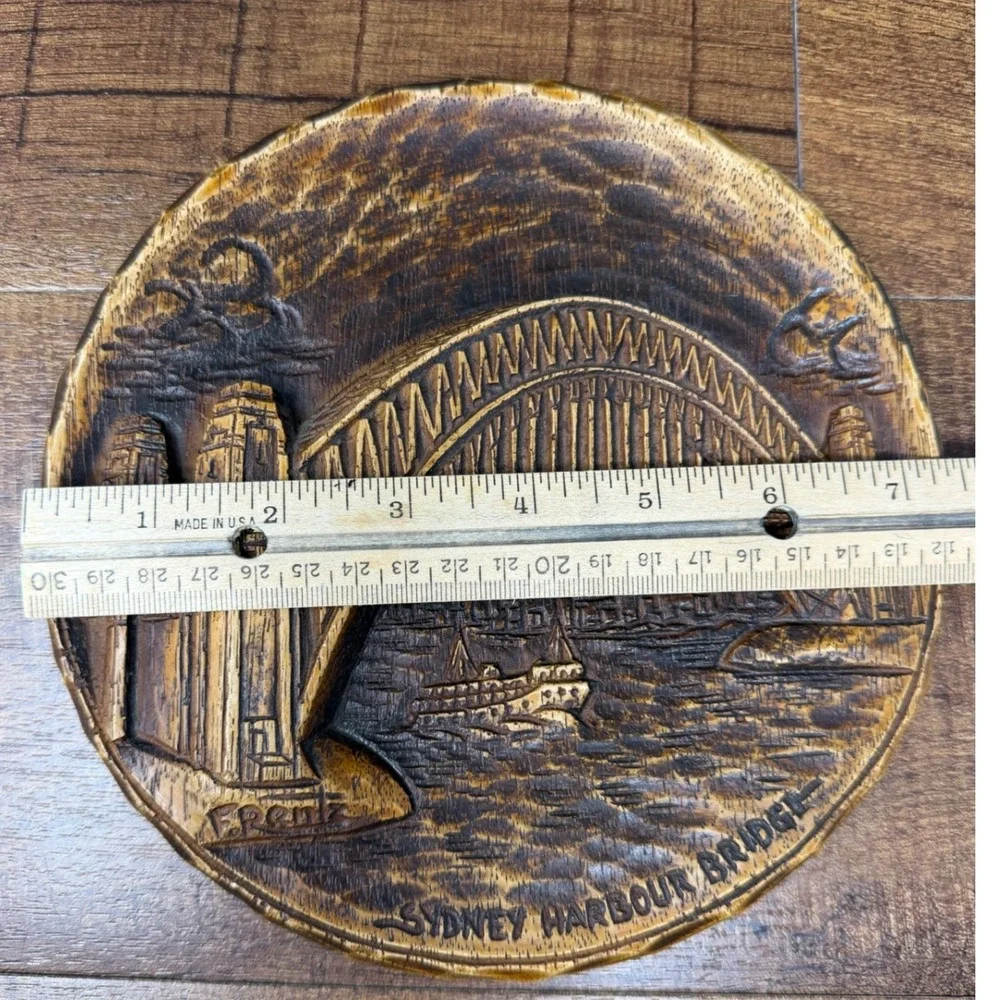 Vintage F Rentz Sydney Harbour Bridge Wall Plaque 3D Wood Carved Relief 7.5